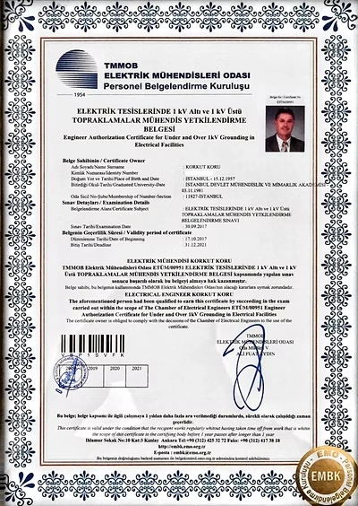 Elektrik tesislerinde 1 Kv altı ve 1 Kv üstü topraklamalar mühendis yetkilendirme belgesi